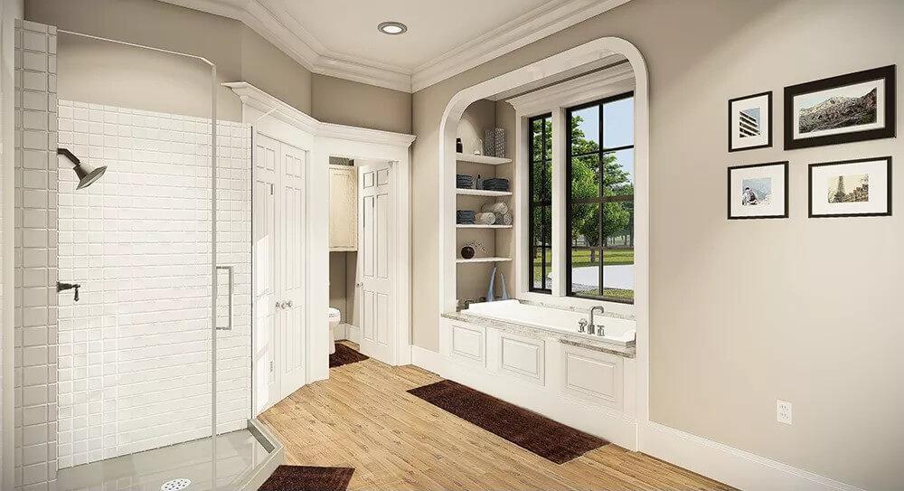 Elegant Bathroom with Relaxing Built-In Tub and Niche Shelving
