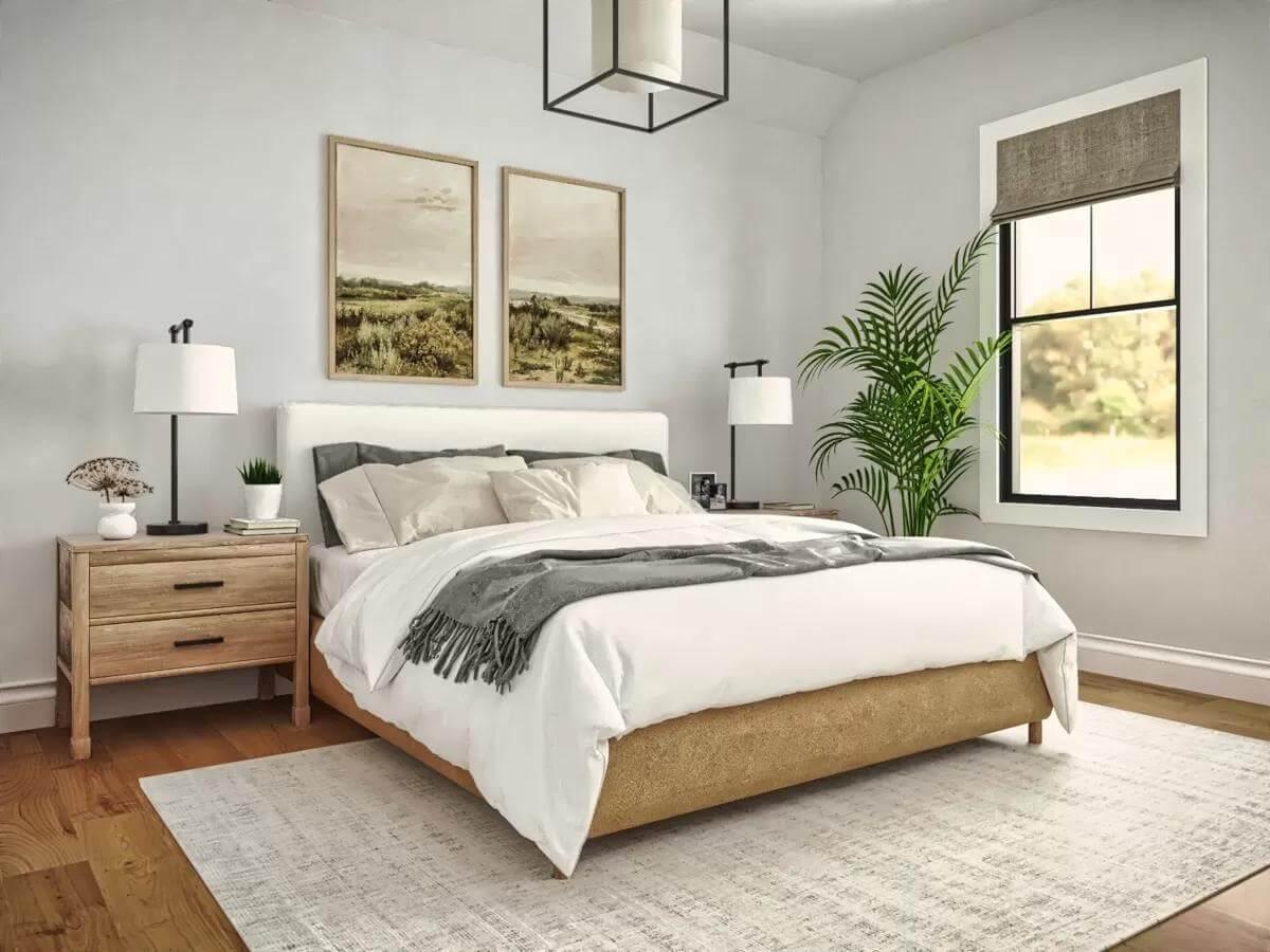 Take a Look at the Minimalist Artwork Framing This Calm Bedroom Space