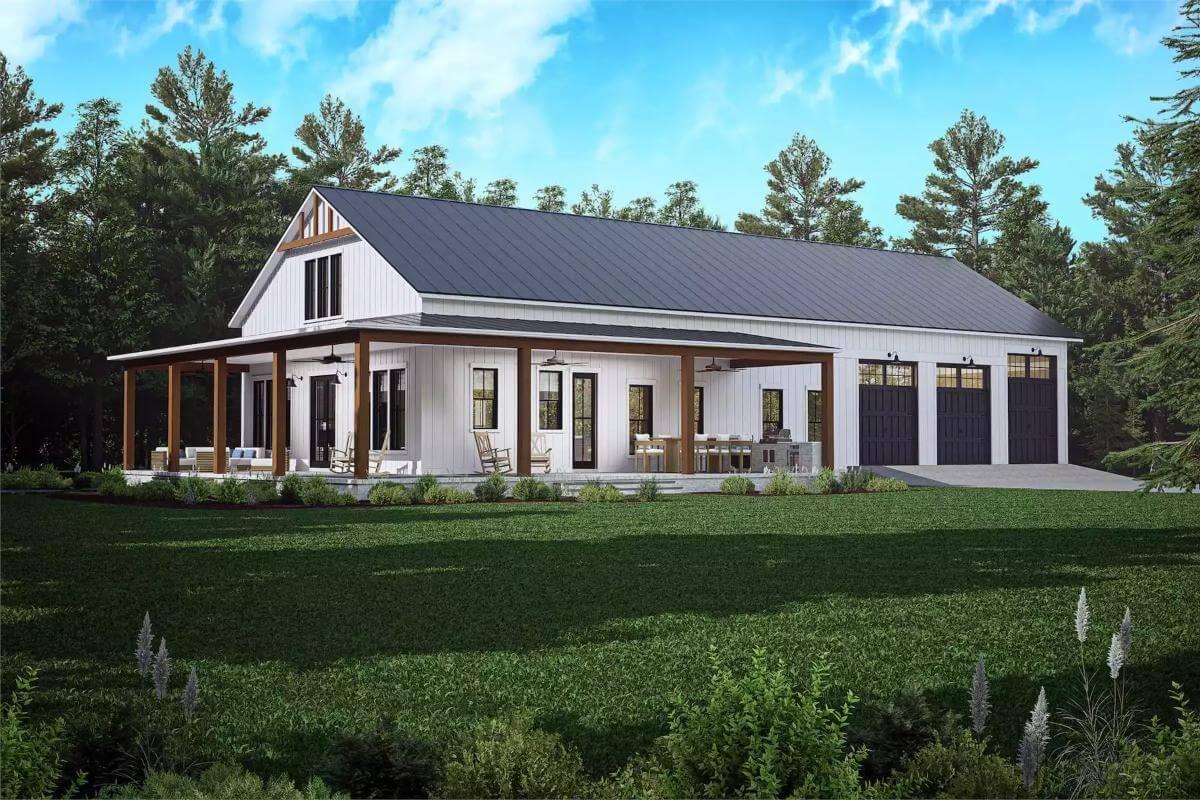 Expansive Wraparound Porch and Bold Black Garage Doors