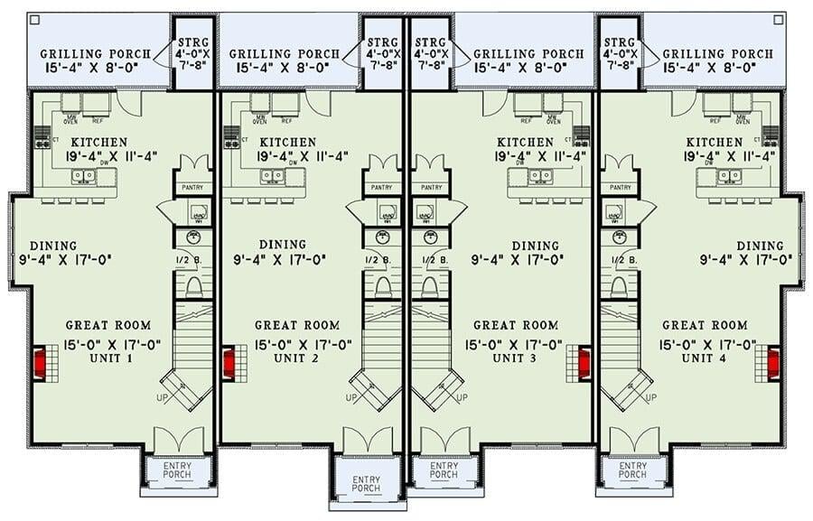 Efficient Multi-Unit Layout with Spacious Grilling Porches