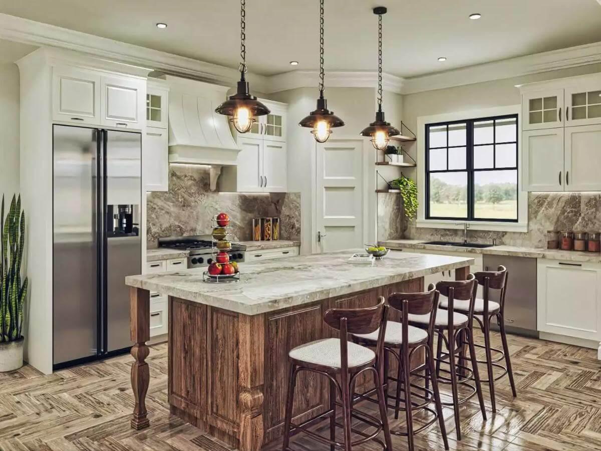 Check Out the Stunning Marble Countertops and Pendant Lighting in This Kitchen