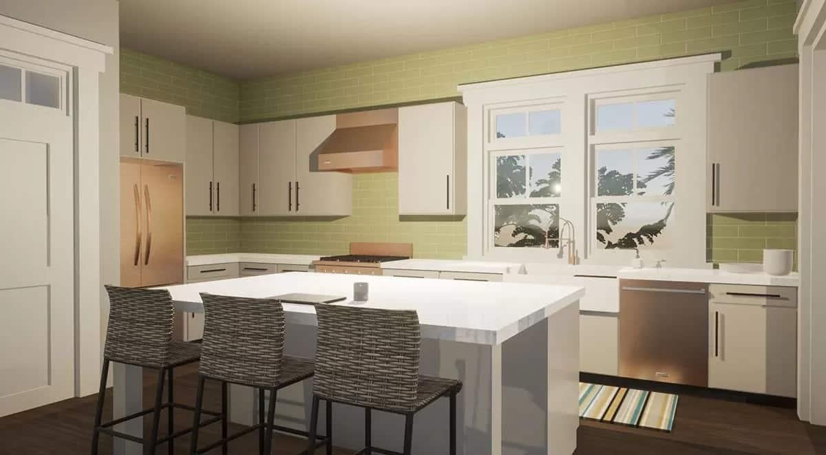 Sleek Craftsman Kitchen with a Bold Green Subway Tile Backsplash