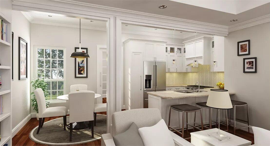 Notice the Soft Yellow Backsplash in This Bright Kitchen and Dining Area