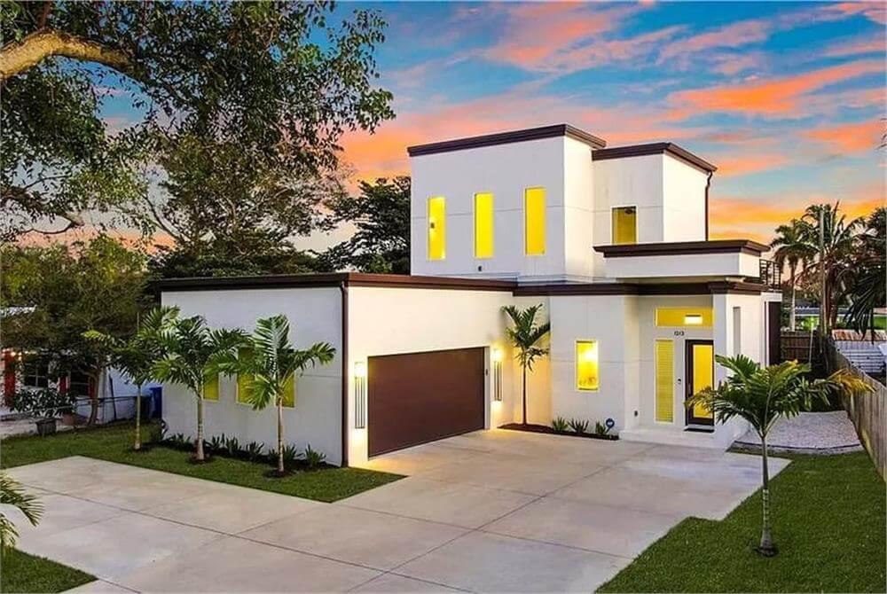 Modern Home with Bold Geometric Lines and Warm Lighting