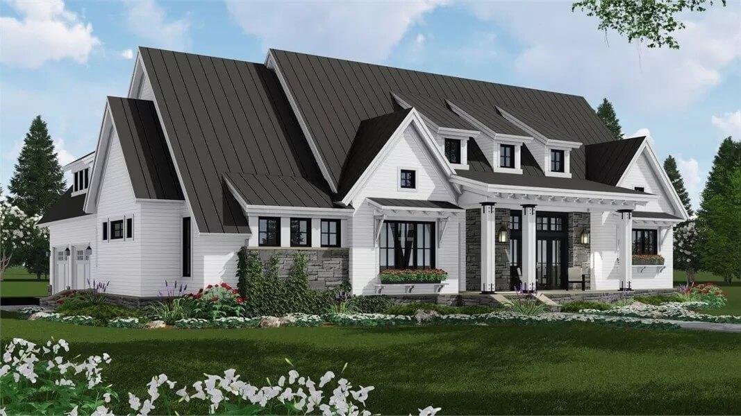 Notice the Striking Black Roof Against the Classic White Siding