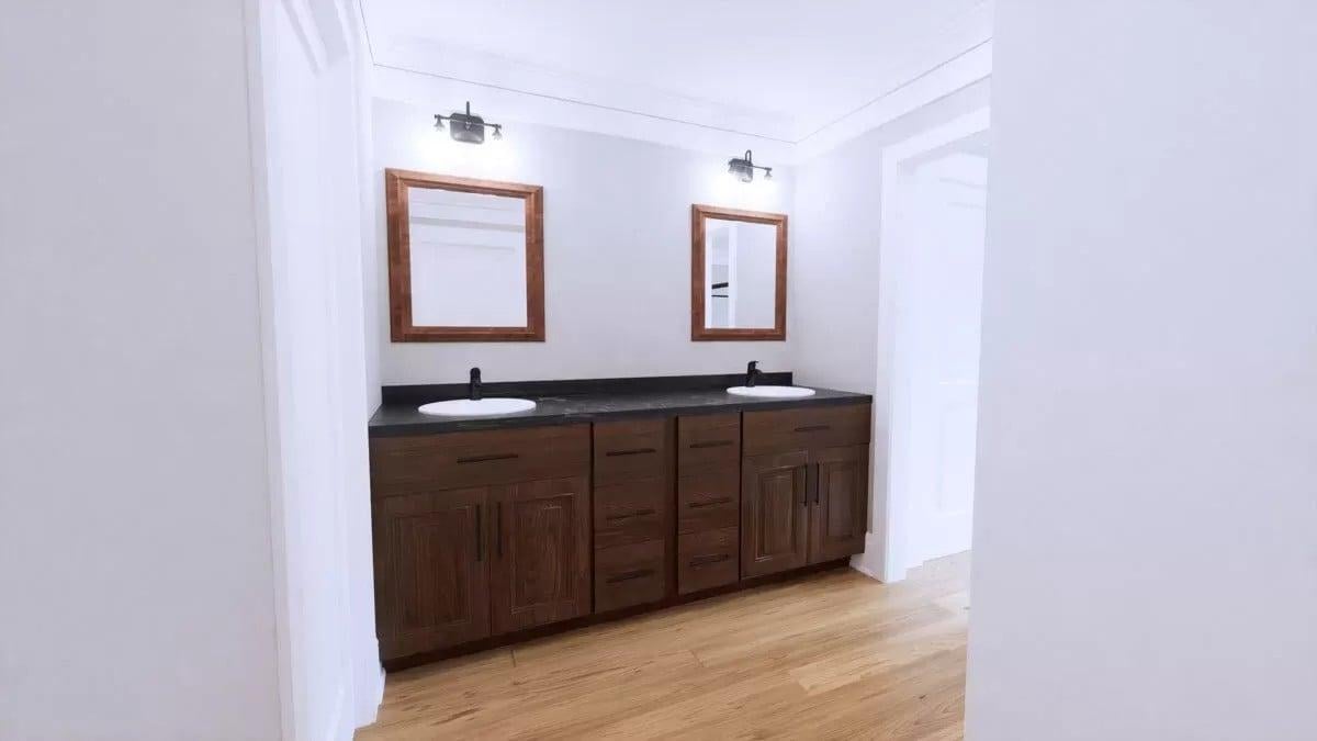 Double Vanity Bathroom with Clean Lines and Warm Wood Accents