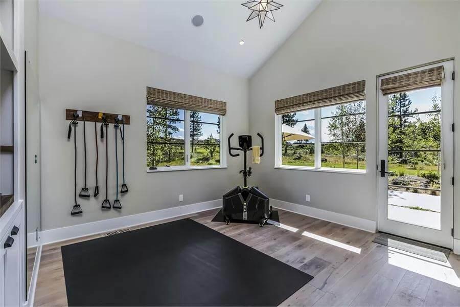 Home Gym with Picture Windows and Resistance Bands