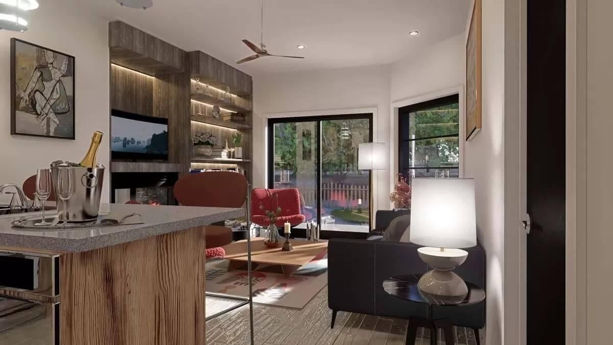 Cozy Living Room with Built-in Shelving and Modern Accents