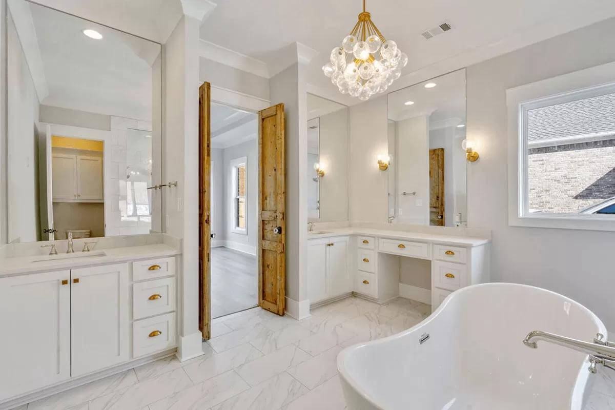 Admire the Statement Chandelier in This Elegant Bathroom