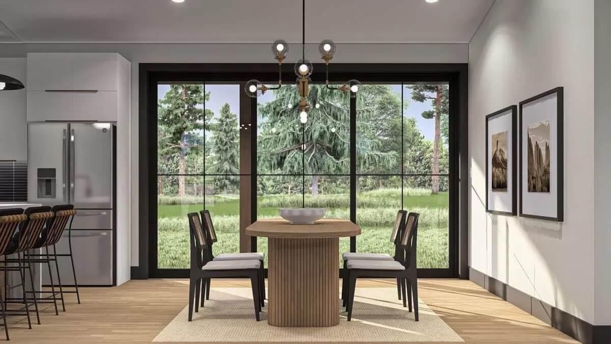 Take Note of the Bold Chandeliers Over This Compact Dining Space