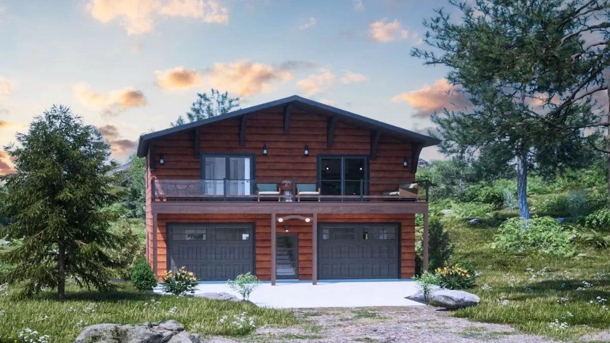 Rustic Cabin with Dual Garage Doors and a Cozy Balcony Retreat