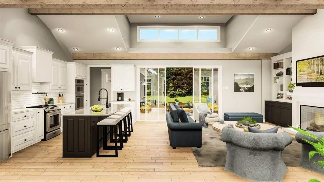 Open Living Space with Vaulted Ceilings and a Central Island