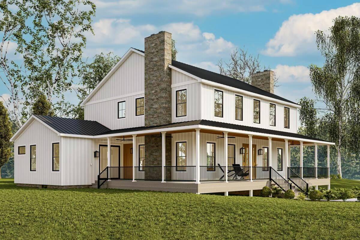 Classic Farmhouse with a Wraparound Porch and Stone Chimney