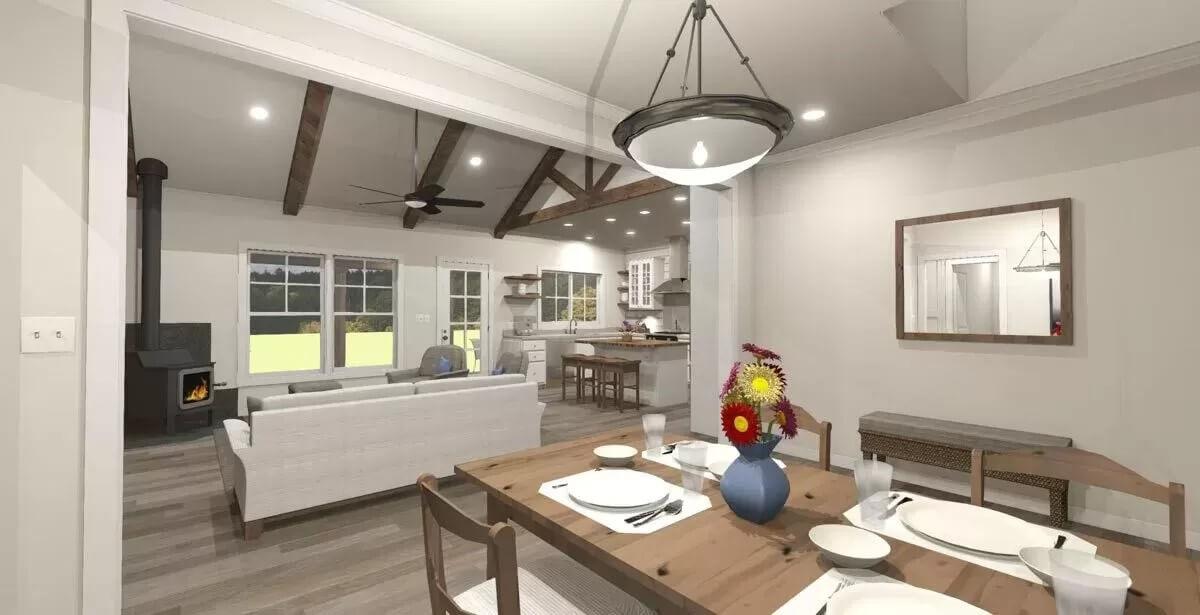 Open-Plan Dining Room with Exposed Beam View