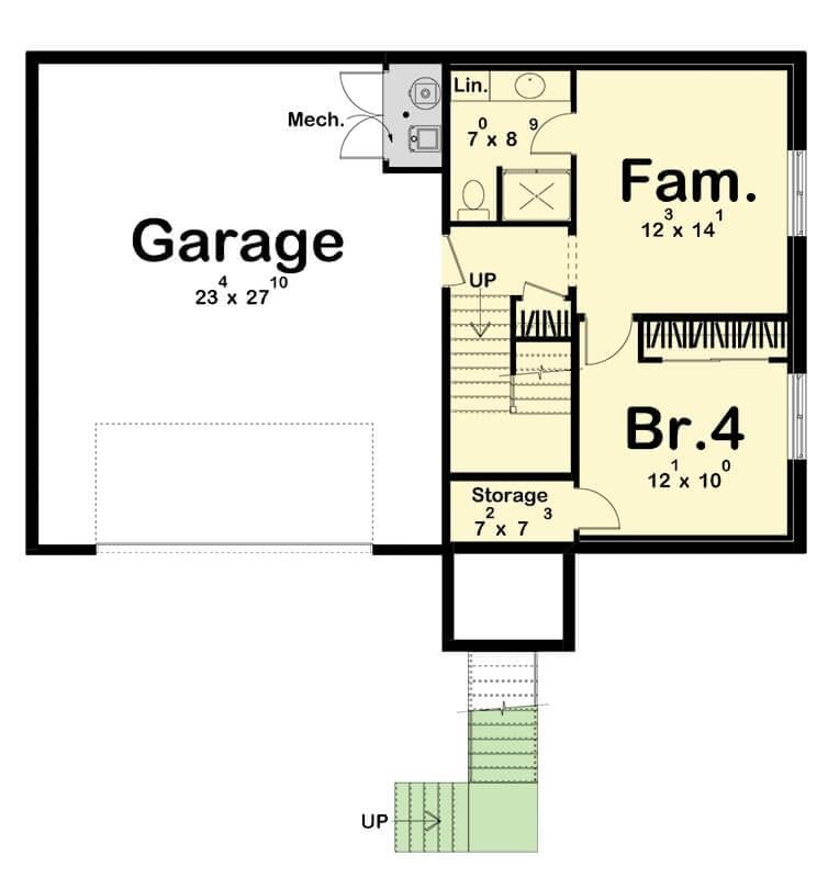 Schauen Sie sich dieses Layout auf niedrigerer Ebene mit einem praktischen Familienzimmer und Schlafzimmer an