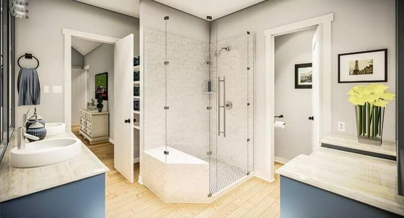 Dual Vanities and a Frameless Shower: A Bathroom Designed for Ease