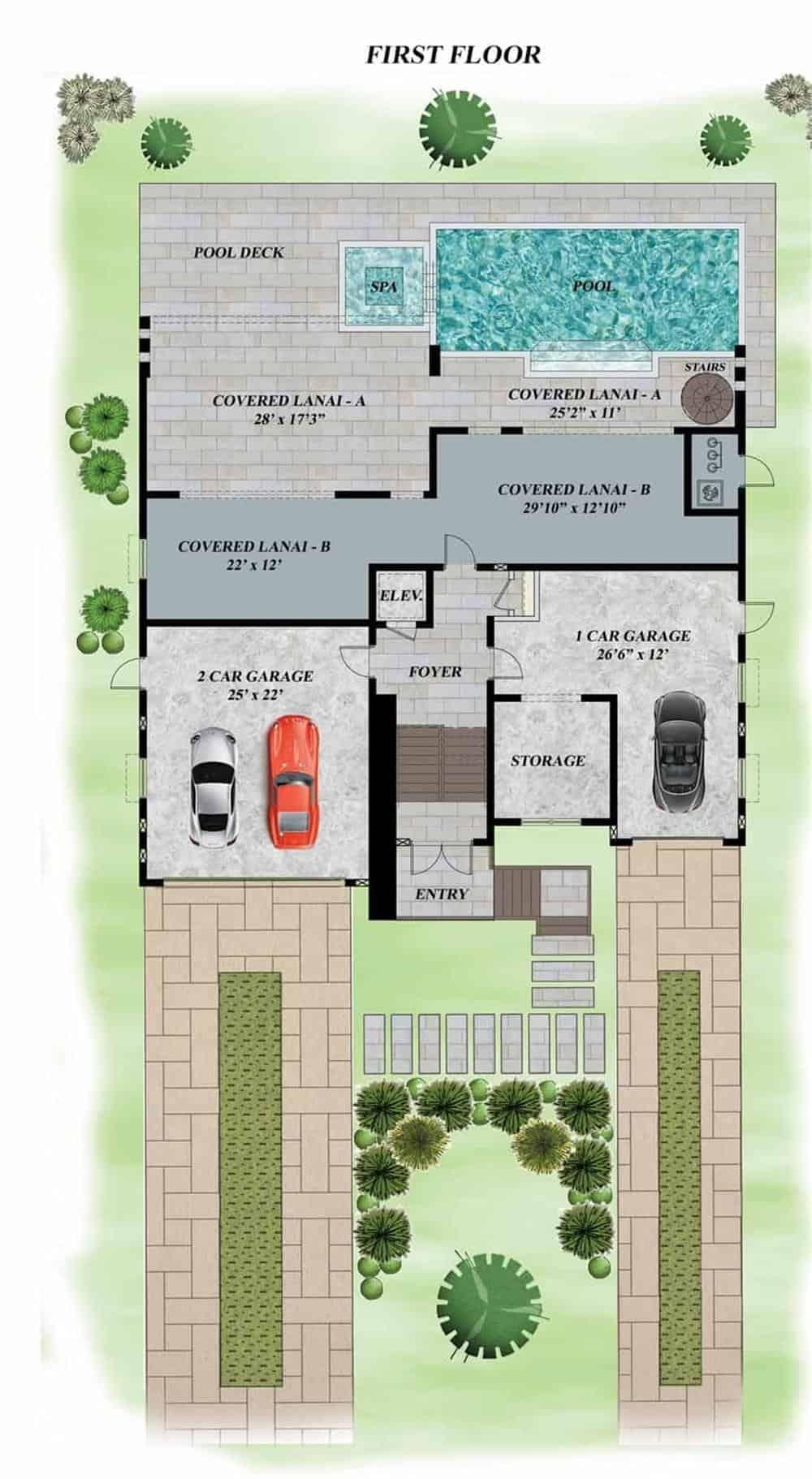 Exploring a Spacious First Floor with Dual Garages and a Poolside Retreat