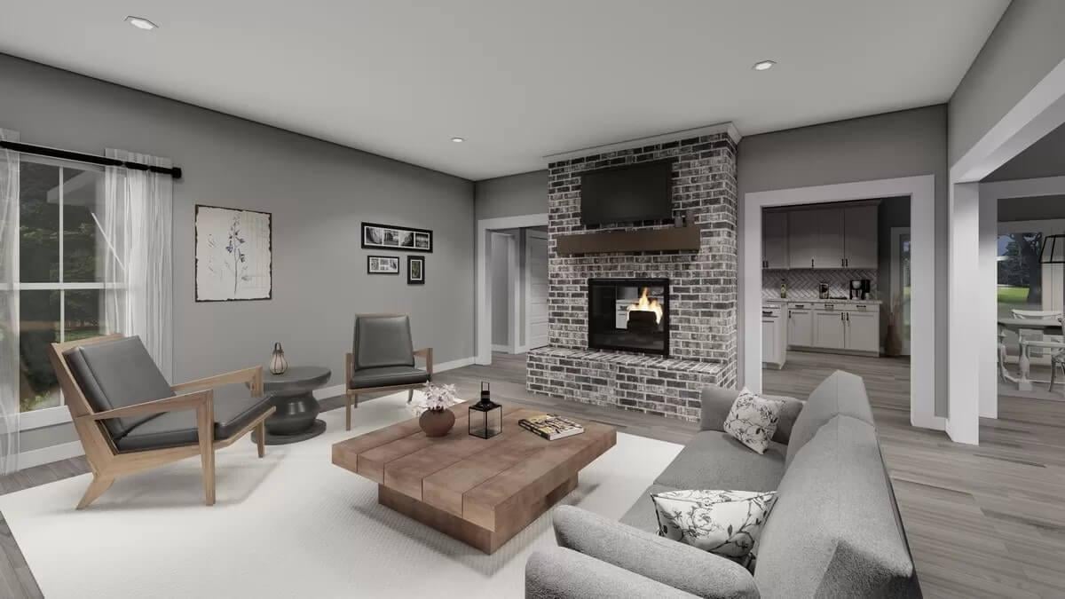 Check Out the Double-Sided Brick Fireplace as the Room