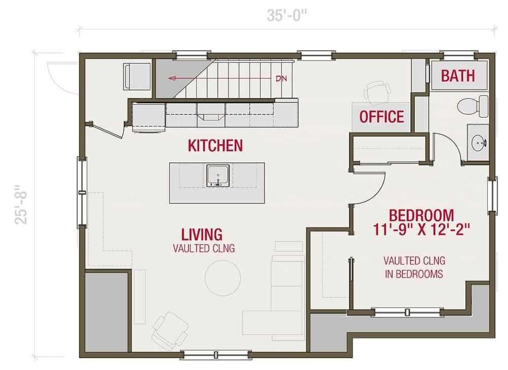 Compact Floor Plan with Vaulted Ceilings and a Handy Office Nook