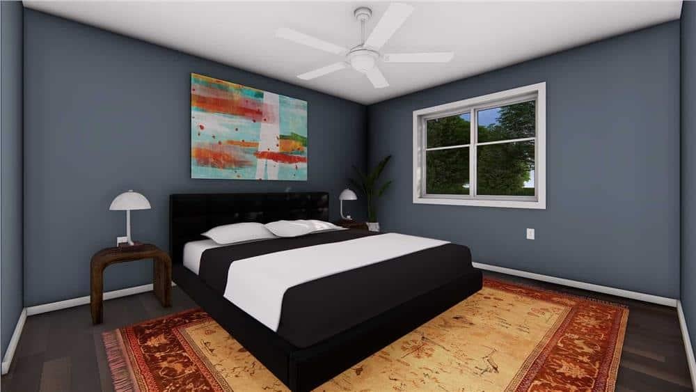 Calm Bedroom with Bold Rug and Abstract Art