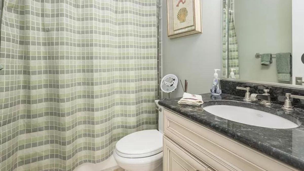 Bright Bathroom with Bold Plaid Shower Curtain and Granite Counter