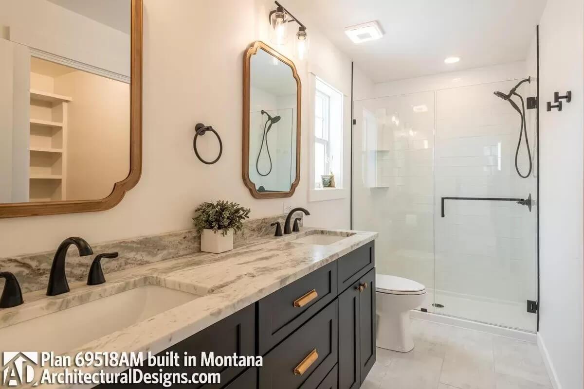 Stunning Double Vanity with Marble Top in a Craftsman Bathroom