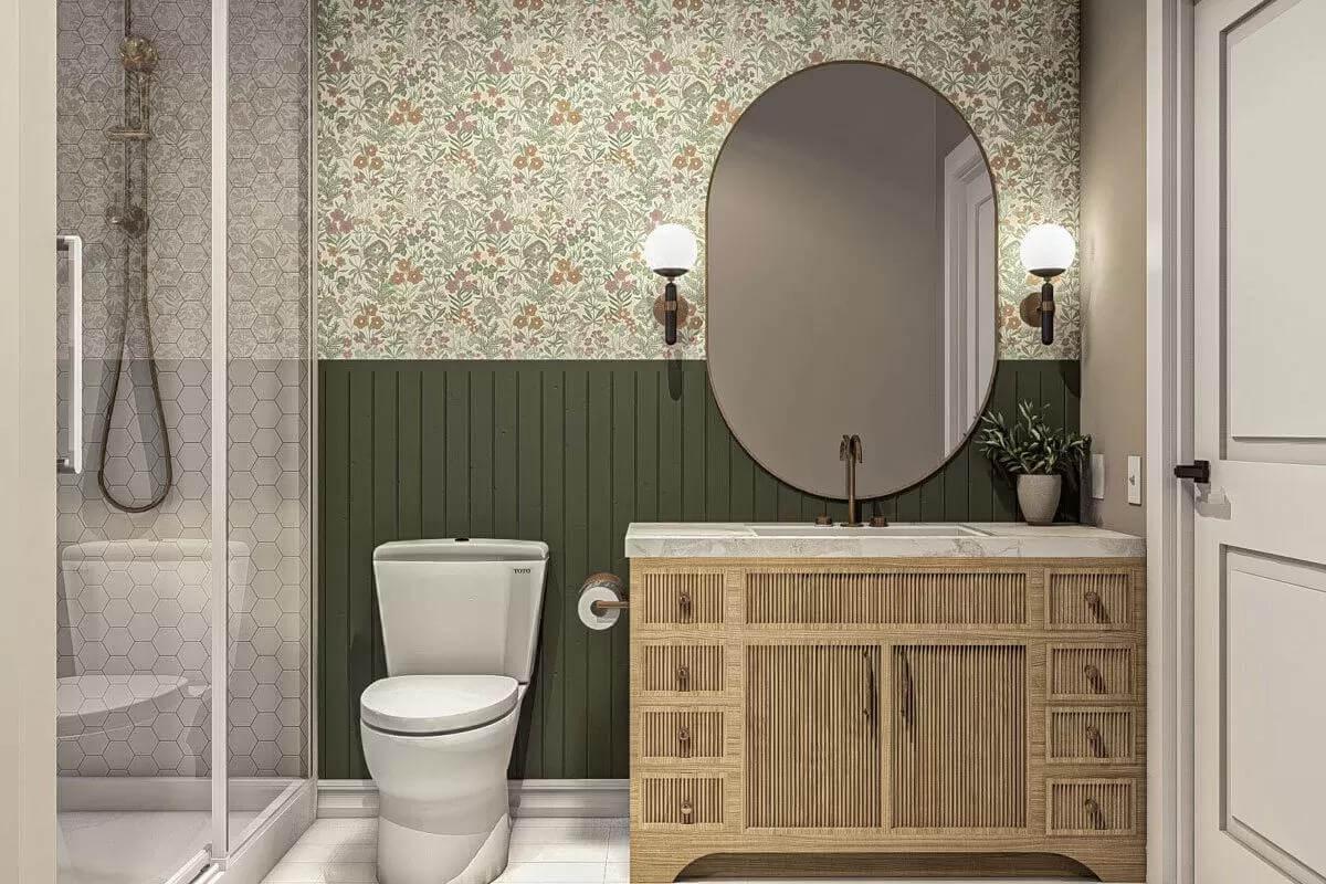 Check Out the Charming Wallpaper Accent in This Bathroom