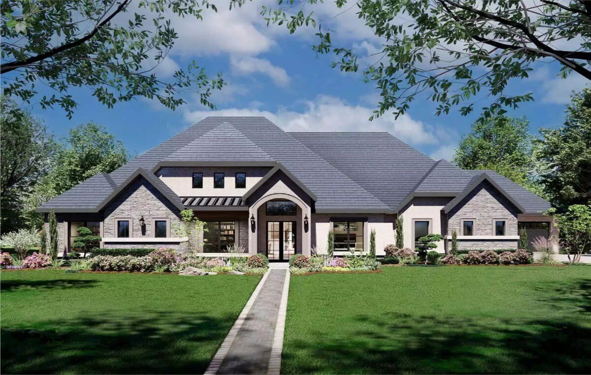 Traditional Elegance with Arched Entryway and Expansive Lawn