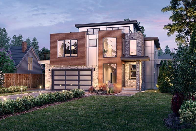 Explore This Striking 3-Story Home with a Modern Stone and Wood Facade