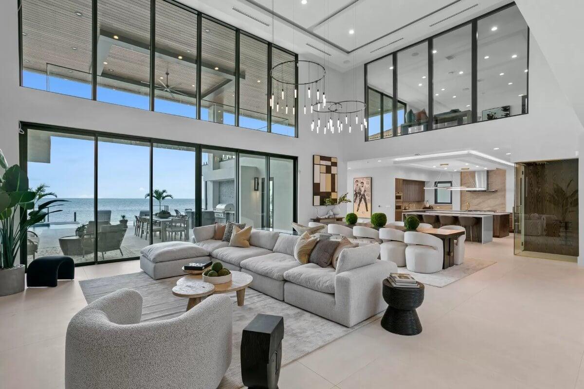 Spacious Living Room with Stunning Ocean Views and Dramatic Ceiling Height