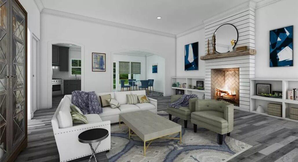 Notice the Shiplap Fireplace in This Comfortable Living Space