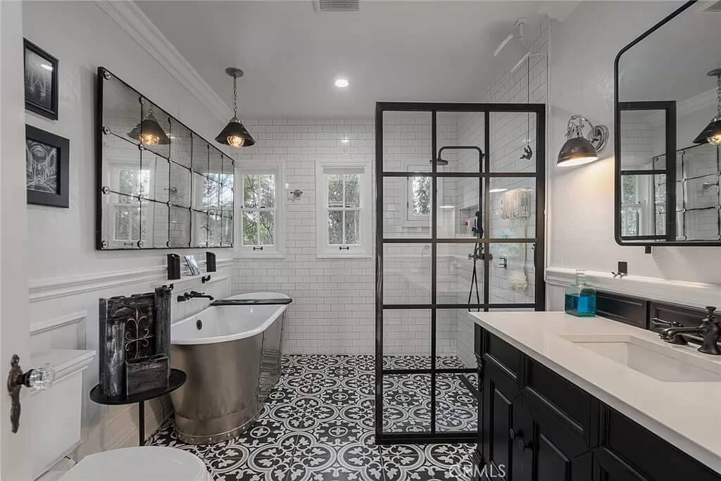 Industrial Chic Bathroom with Intricate Tile Work and Steel Accents