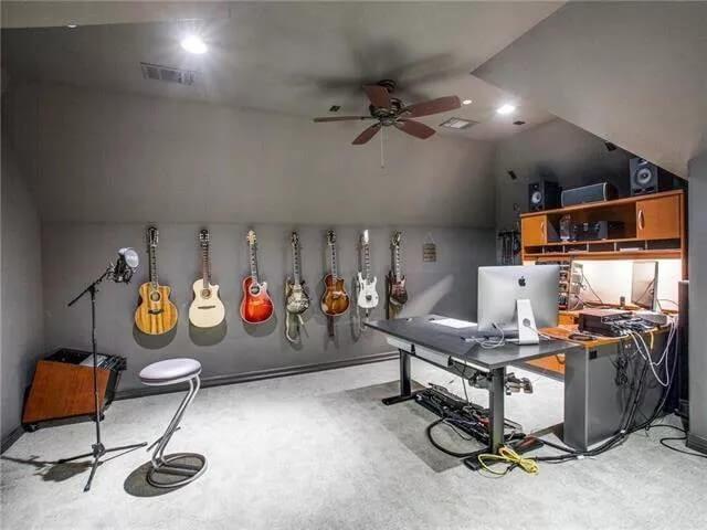 Wow, a Music Studio with Guitars on Display and Modern Tools