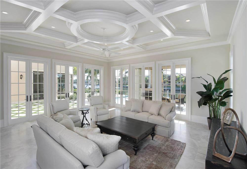 Notice the Intricate Coffered Ceiling in This Sunlit Living Room