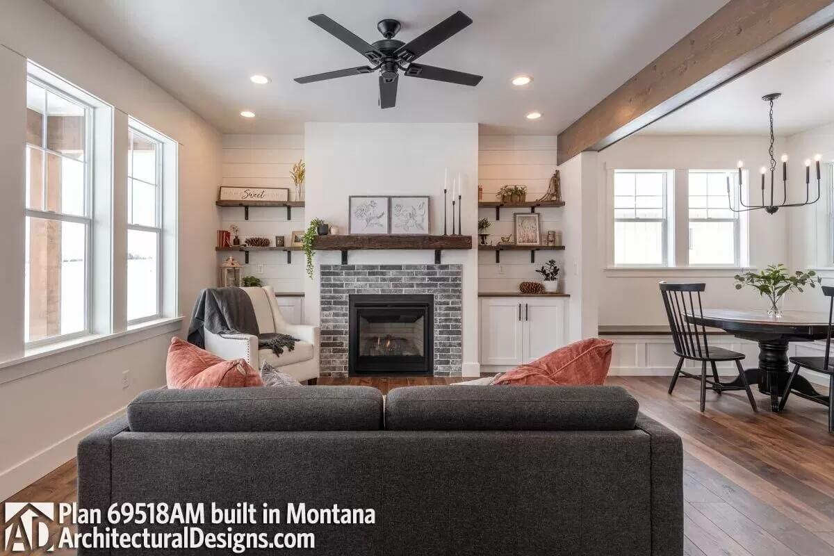 Check Out the Brick Fireplace Anchoring This Craftsman Living Area