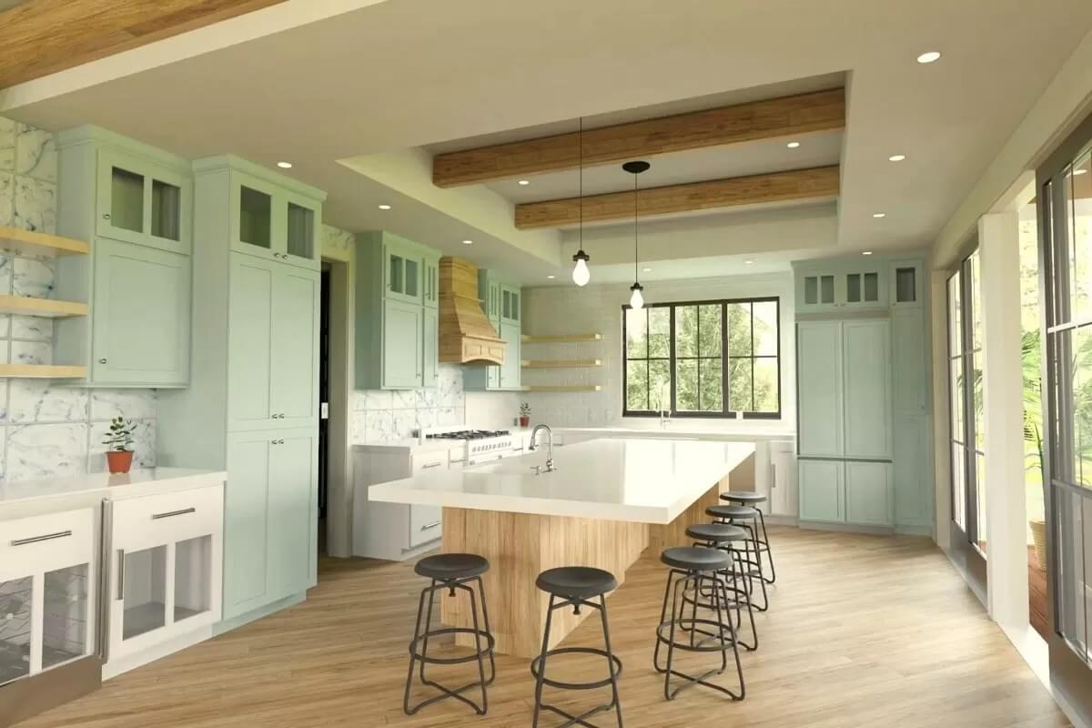 Look at the Expansive Island and Mint Cabinets in This Bright Kitchen