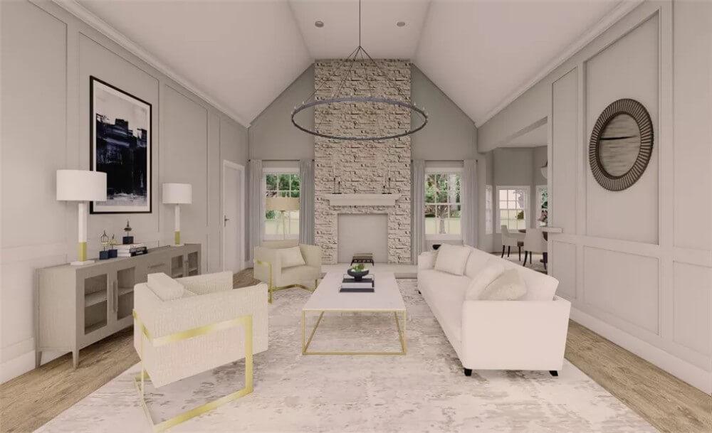 Vibrant Living Room with a Striking Stone Fireplace and Vaulted Ceilings