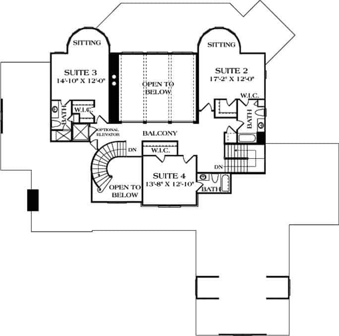 Upper Floor Plan Featuring Three Suites and a Balcony Overlooking Below