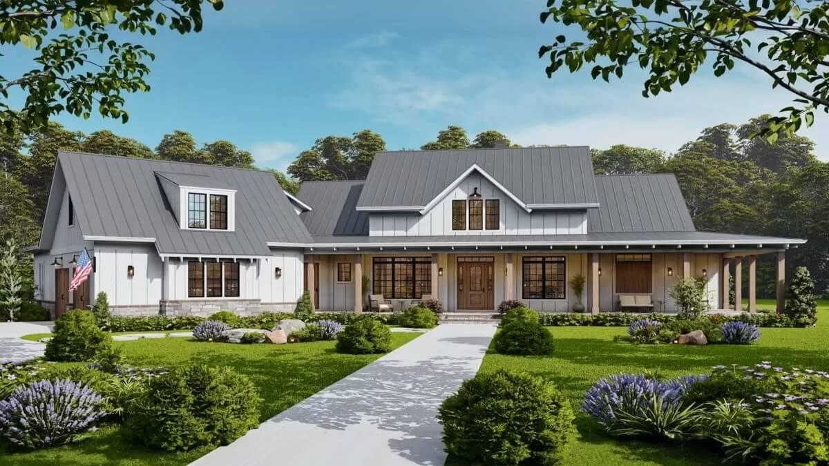 Farmhouse Charm with Classic Metal Roof and Inviting Porch