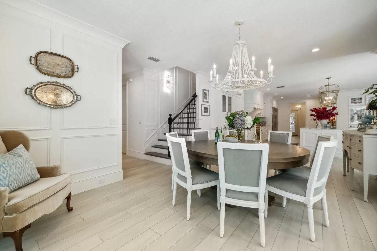 Check Out the Beaded Chandelier in This Elegant Dining Space