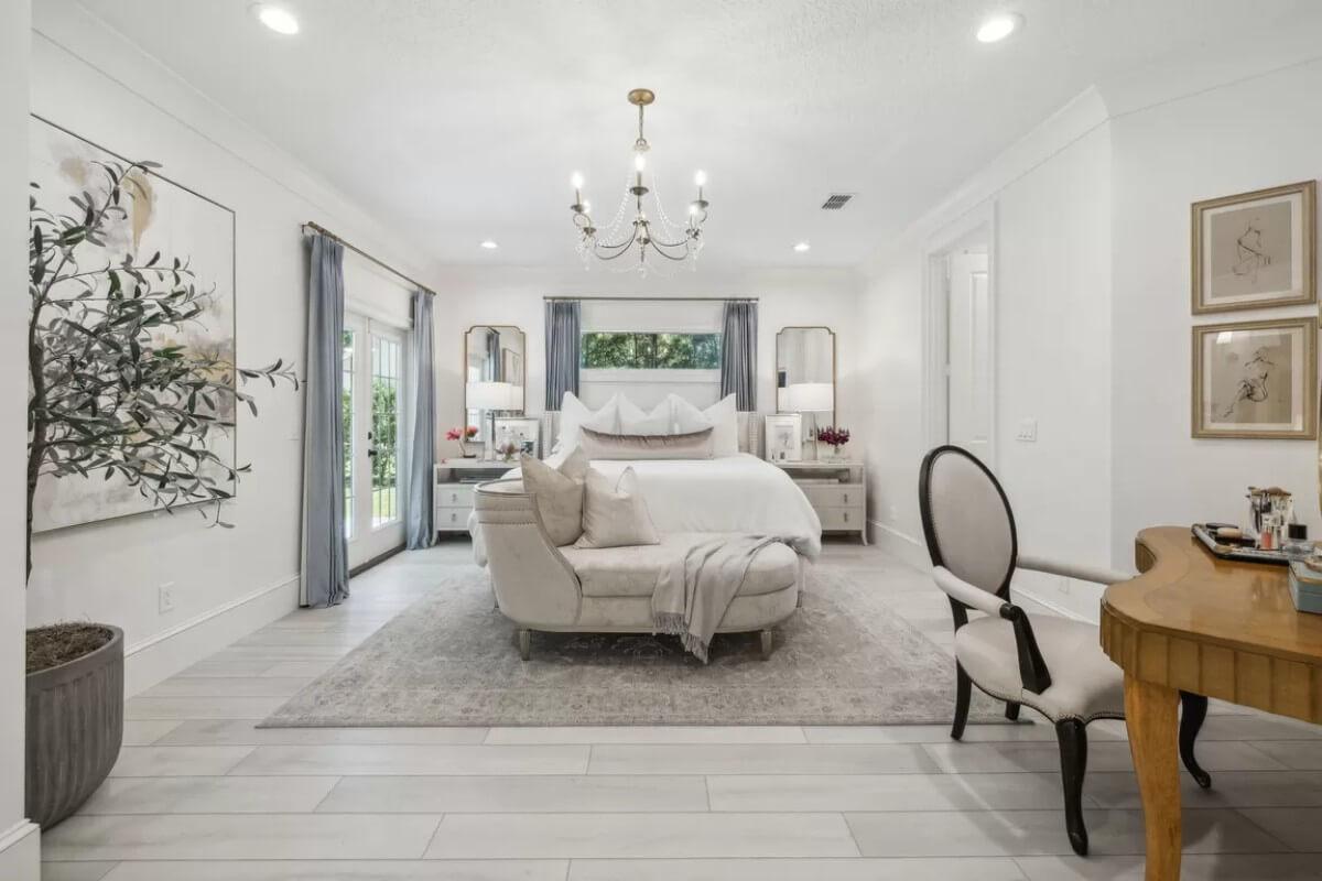 Elegant Bedroom Retreat with Chandelier Glory