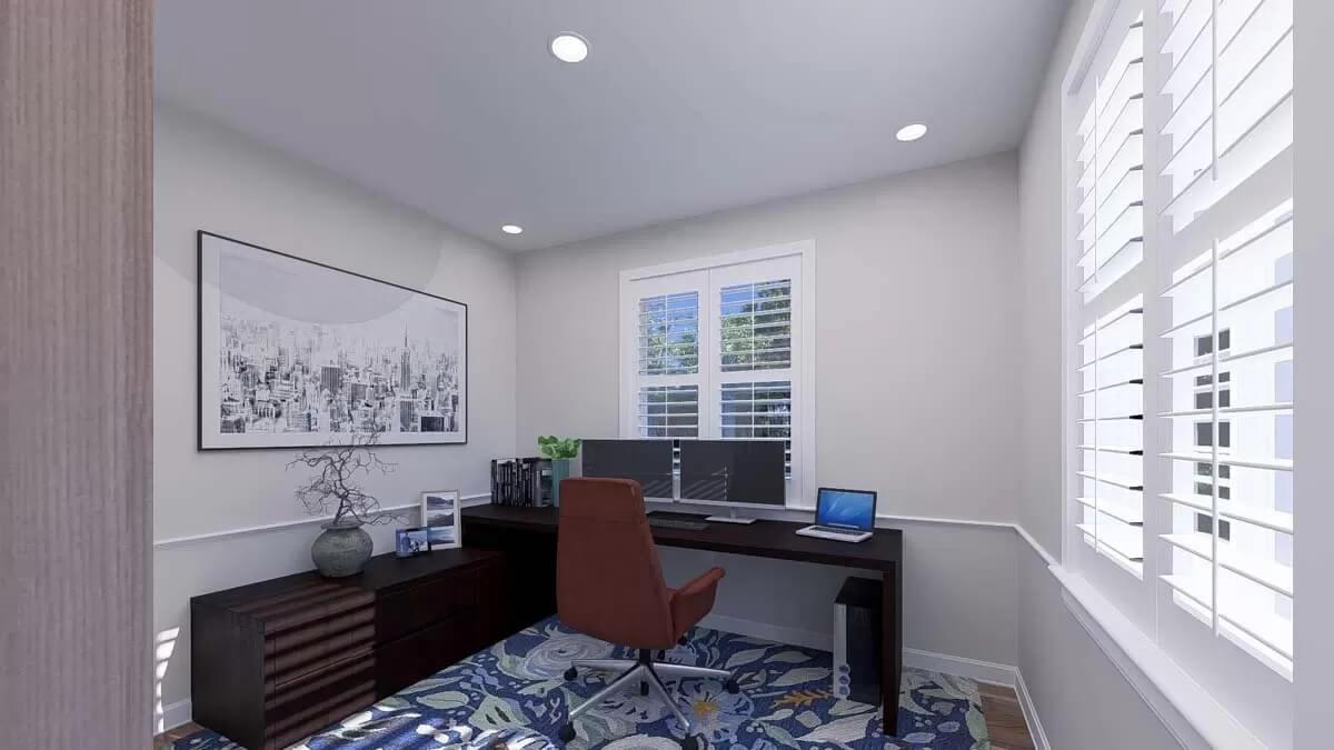 Bright Home Office with a Striking Cityscape Artwork