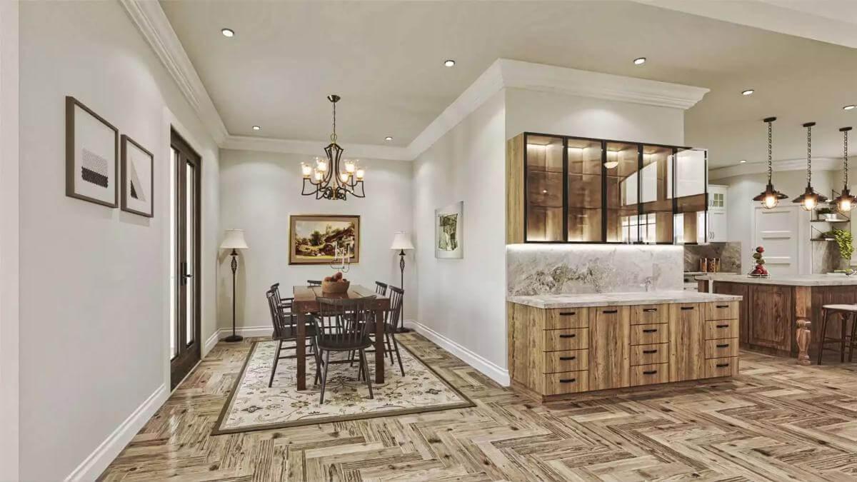Notice the Blend of Warm Wood and Marble in This Elegant Dining Space