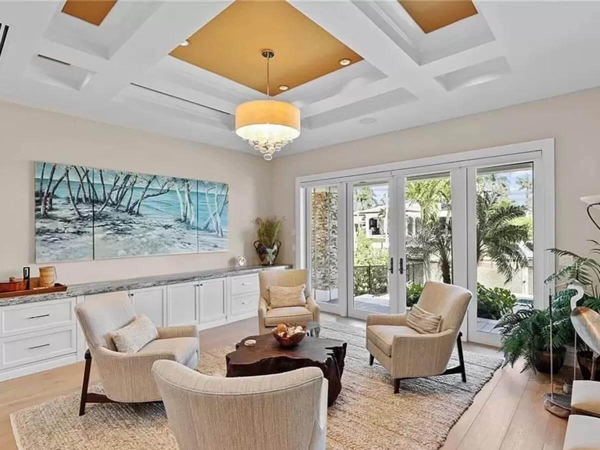 Check Out the Elegant Coffered Ceiling in This Coastal Living Room