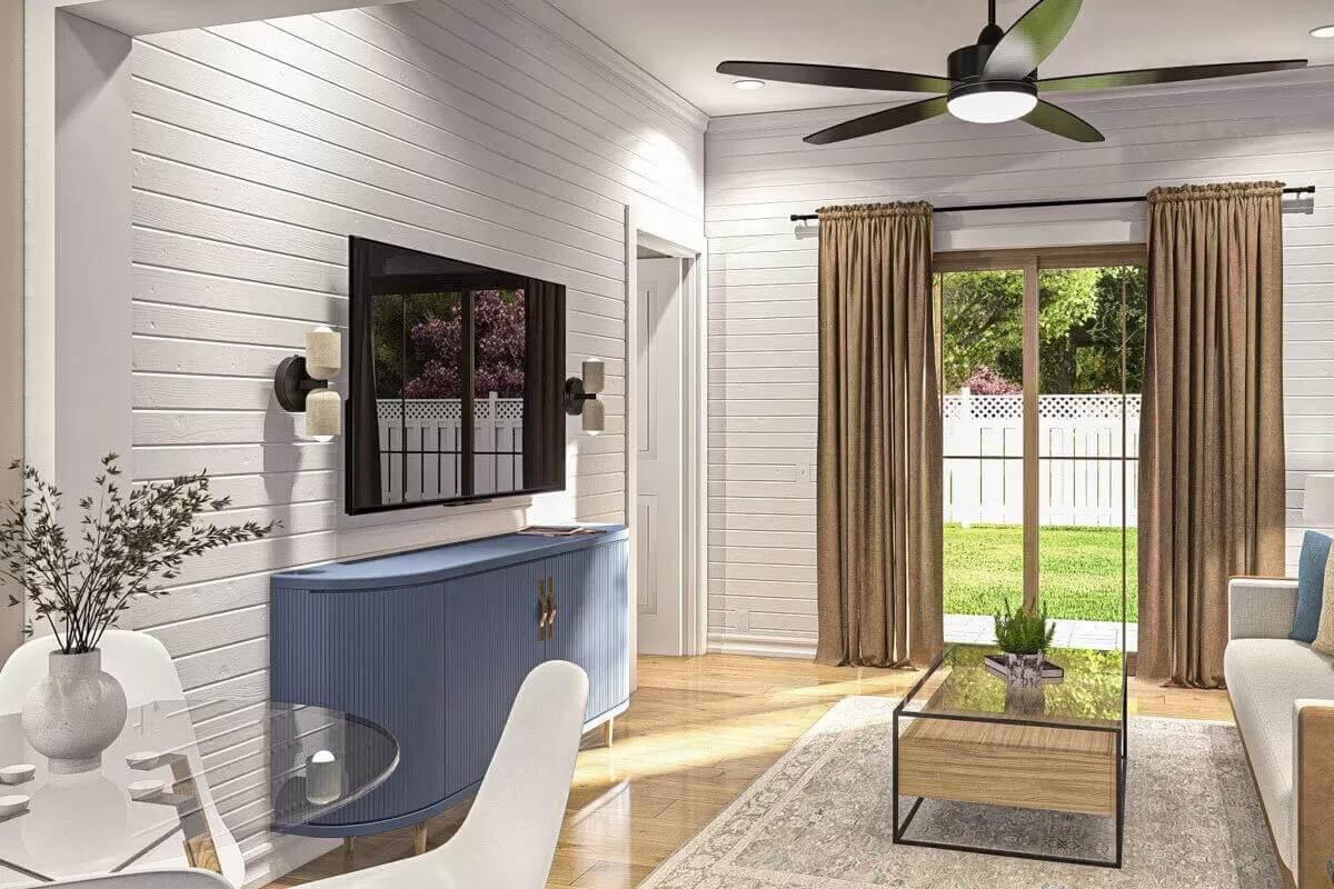 Notice the Blue Sideboard Adding Character to This Serene Living Room