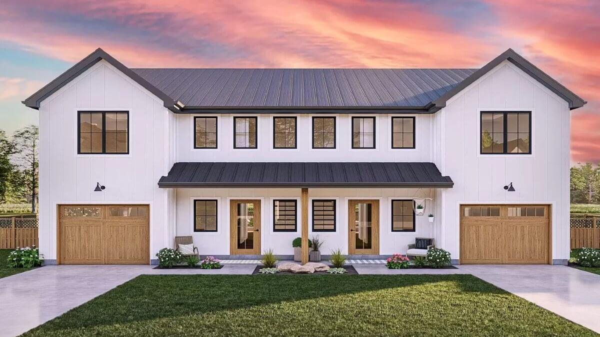 Sleek Farmhouse Facade with Dual Garages and Symmetrical Design