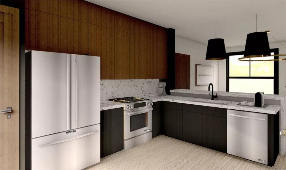 Sleek Kitchen with Striking Black and White Palette and Statement Lighting