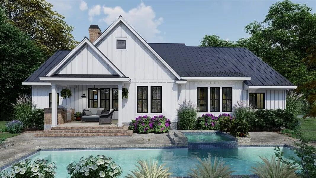 Modern Farmhouse Backyard Retreat with Charming Poolside View