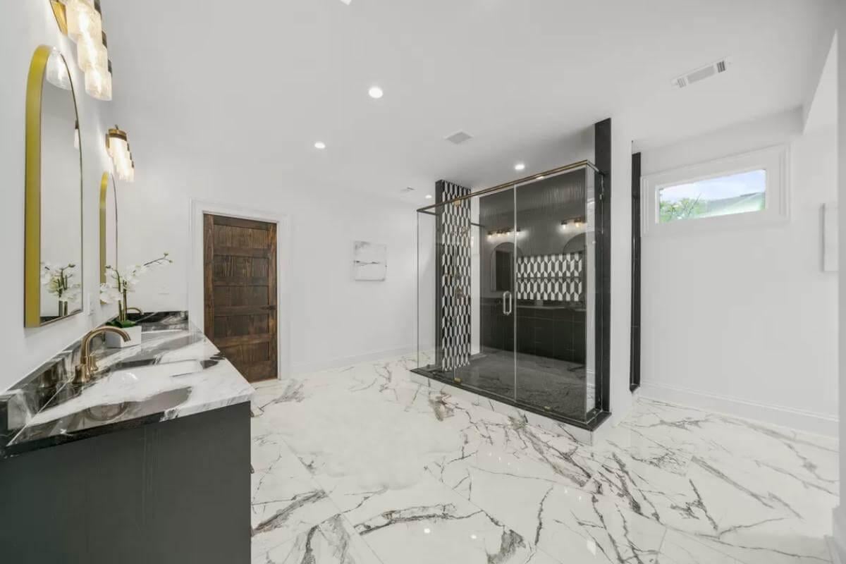 Wow, Look at the Marble Floor Adding a Luxurious Touch to This Bathroom