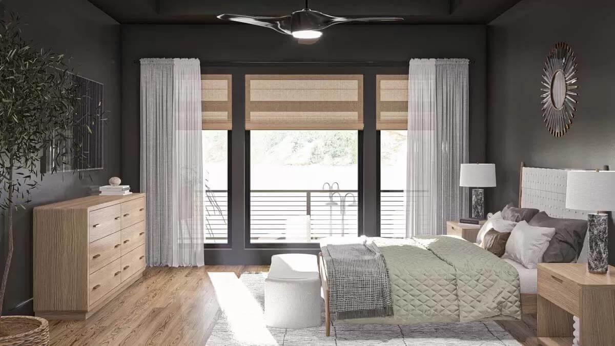 Sleek Bedroom With Dark Walls and Natural Wood Finishes